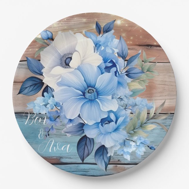 Plato De Papel Blue Tan Wood Luces Boda Floral (Anverso)