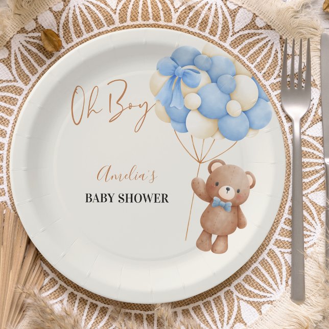 Plato De Papel Blue Teddy Bear Oh Boy Balloon Baby Shower (Subido por el creador)