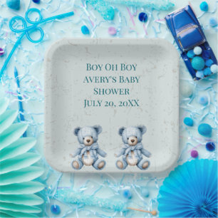Plato De Papel Blue Teddy Bears Twin Baby Shower