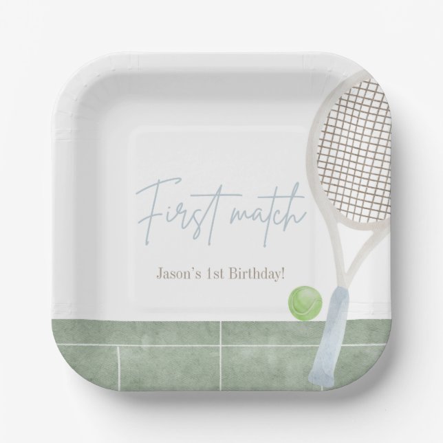 Plato De Papel Blue Tennis First Birthday Boy Preppy Classic  (Anverso)