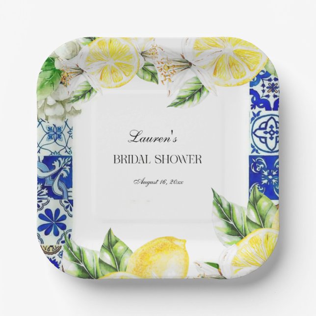 Plato De Papel Blue Tile Lemon Italian Bridal Shower  (Anverso)