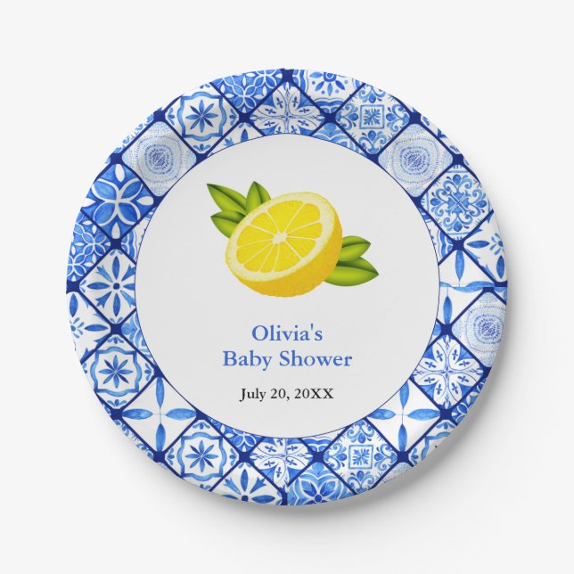 Plato De Papel Blue Tile Mediterranean Lemon Baby Shower (Anverso)