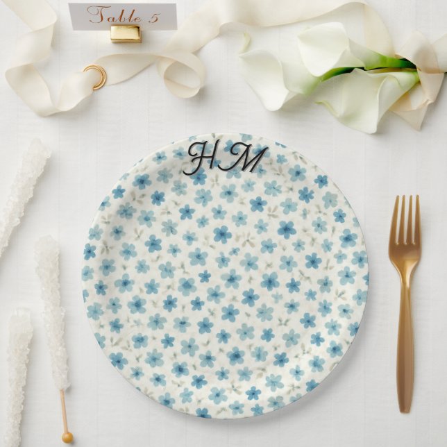 Plato De Papel Blue Tiny Flower Simple -Customize  (Boda)