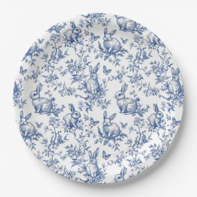 Plato De Papel Blue Toile De Jouy Easter Bunny (Anverso)