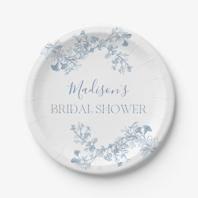Plato De Papel Blue Toile Floral Bridal Shower Placas de papel (Anverso)