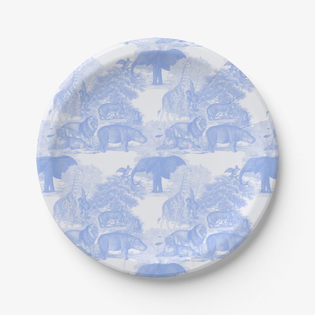 Plato De Papel Blue Toile Jungle Animals Safari Chinoiserie (Anverso)