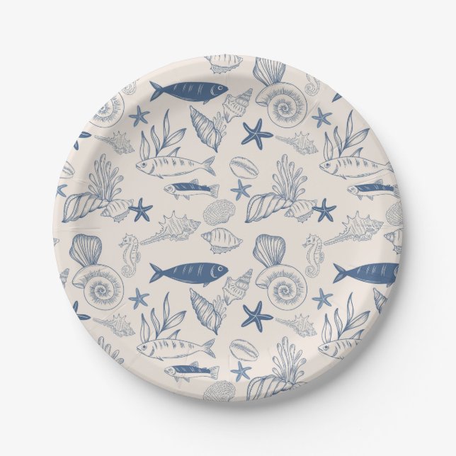 Plato De Papel Blue toile Ocean Paper Plate (Anverso)