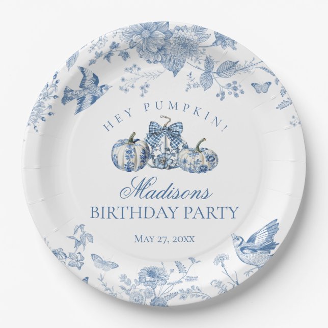 Plato De Papel Blue Toile Pumpkin French Fall Floral Birthday (Anverso)