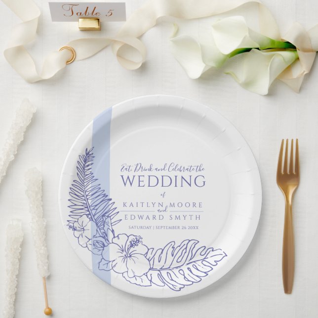 Plato De Papel blue tropical botanica line art wedding (Boda)