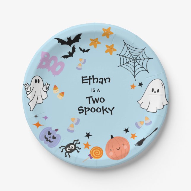 Plato De Papel Blue Two Spooky Cute Ghost Halloween 2nd Birthday (Anverso)