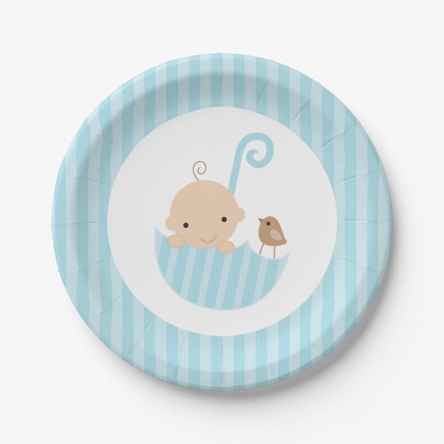 Plato De Papel Blue Umbrella Boy Baby Shower (Anverso)
