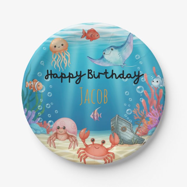 Plato De Papel Blue Under the Sea birthday (Anverso)
