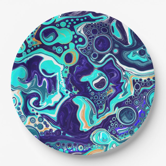 Plato De Papel Blue Verde azulada Ocean Swirls Fluid Art (Anverso)