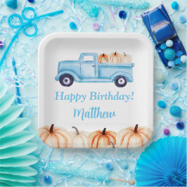 Plato De Papel Blue Vintage Truck Pumpkin Boy fiesta de cumpleaño