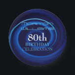 Plato De Papel Blue Vortex 80th Birthday Celebration Paper Plate<br><div class="desc">Resumen de arte digital con una espiral azul. Diseño en placa de papel con texto para una fiesta de cumpleaños número 50. Coincidiendo con la siesta de papel de cumpleaños, cumpleaños Guardar la fecha, invitación cuadrada de cumpleaños, libro de invitados (cubierta dura, cuaderno de espiral y binder), suministros para fiestas...</div>