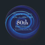 Plato De Papel Blue Vortex 80th Birthday Celebration Paper Plate<br><div class="desc">Resumen de arte digital con una espiral azul. Diseño en placa de papel con texto para una fiesta de cumpleaños número 50. Coincidiendo con la siesta de papel de cumpleaños, cumpleaños Guardar la fecha, invitación cuadrada de cumpleaños, libro de invitados (cubierta dura, cuaderno de espiral y binder), suministros para fiestas...</div>