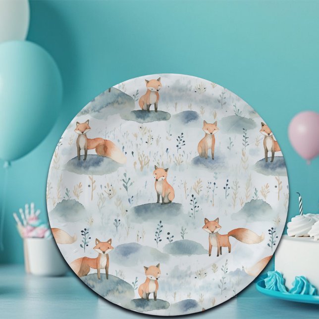 Plato De Papel Blue Watercolor Baby Fox (Subido por el creador)