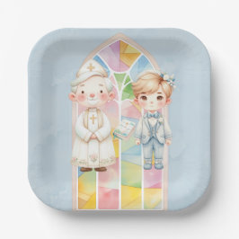 Plato De Papel Blue Watercolor Boy 1.ª. Comunión