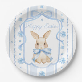 Plato De Papel Blue Watercolor Cottage Bow Bunny Easter Classic