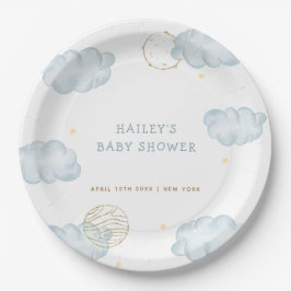 Plato De Papel Blue Watercolor Moon Star Cloud Boy Baby Shower
