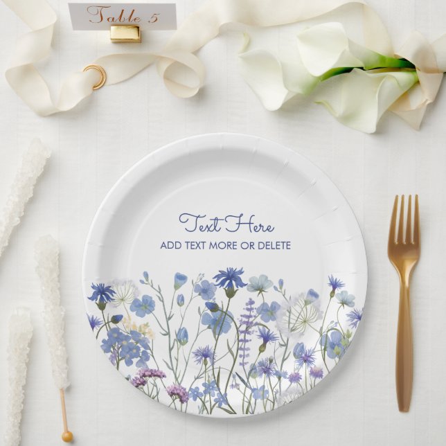 Plato De Papel Blue Watercolor Wildflower Meadow (Boda)
