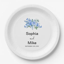 Plato De Papel Blue Watercolour Floral and Butterflies Wedding