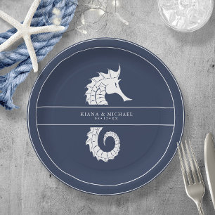 Plato De Papel Blue Wave Seahorse Boda Wht/Navy ID836