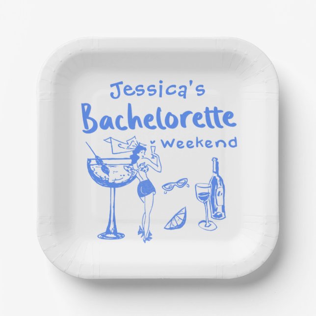 Plato De Papel Blue Whimsical Beach Bachelorette Party (Anverso)