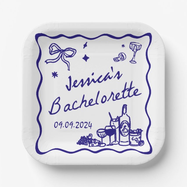 Plato De Papel Blue Whimsical Beach Bachelorette Party (Anverso)