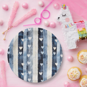 Plato De Papel Blue White Denim Hearts Stripes Cumpleaños
