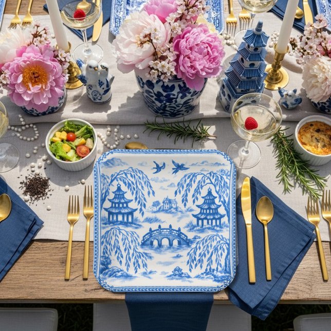 Plato De Papel Blue white faux porcelain chinoiserie willow (Blue white faux porcelain chinoiserie willow paper plates)