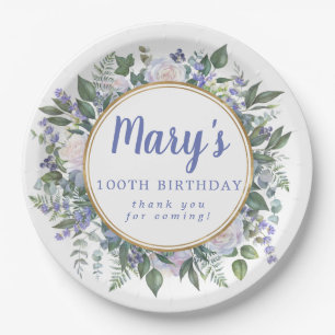 Plato De Papel Blue White Floral 100th Birthday Party