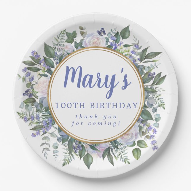 Plato De Papel Blue White Floral 100th Birthday Party (Anverso)