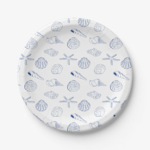 Plato De Papel Blue White Hand Drawing Seashells Beach Summer