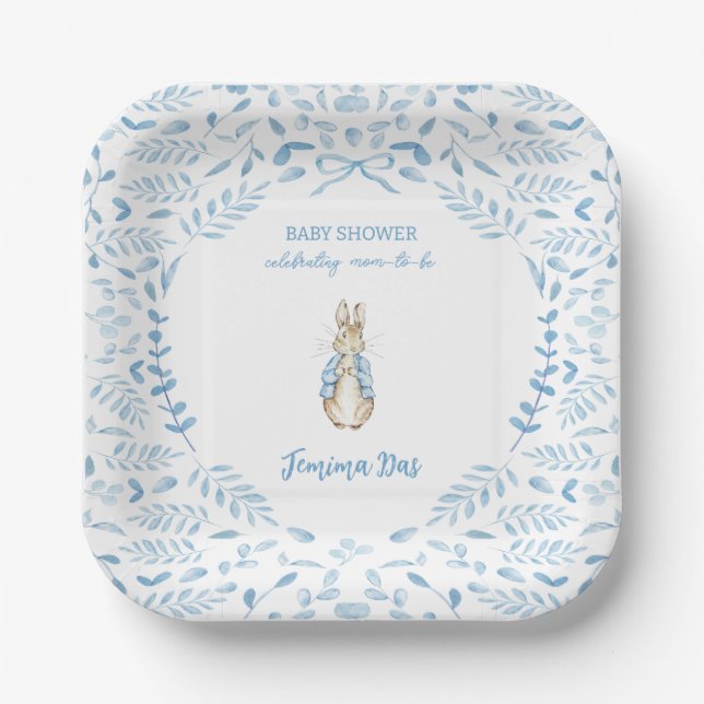 Plato De Papel Blue White Peter the Rabbit Beatrix Baby Shower (Anverso)