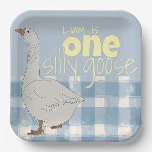 Plato De Papel Blue & White Plaid One Silly Goose