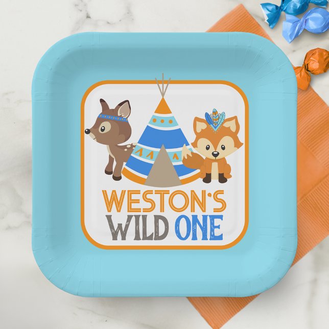 Plato De Papel Blue Wild One Boy First Birday Paper Plates (Wild One Baby Blue 1st Birthday Paper Plates Featuring Fox, Deer and Teepee Tent)