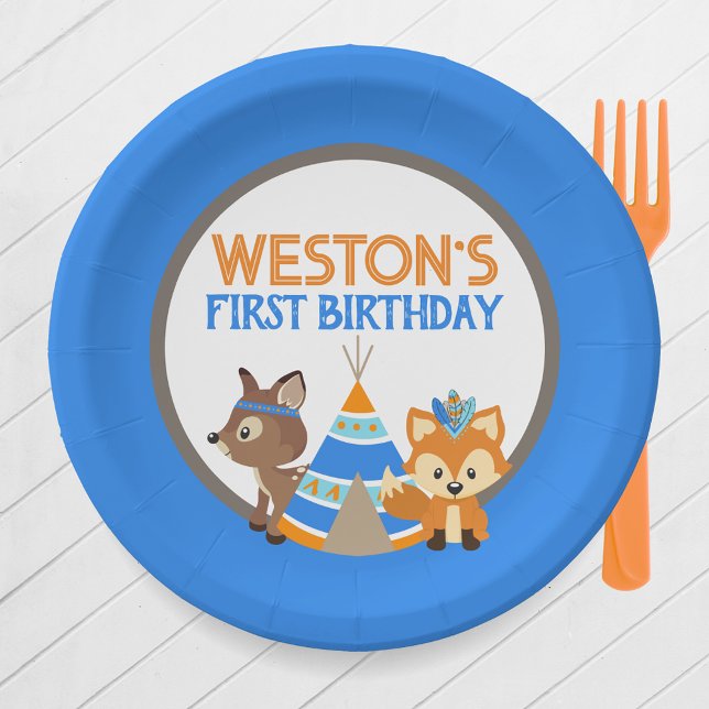 Plato De Papel Blue Wild One Woodland Birthday Party Plates (Blue One Happy Camper or Wild One First Birthday Party Plates. Featuring a Fox, Deer, and Teepee)