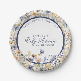 Plato De Papel Blue Wildflower Boho Watercolor Baby Shower