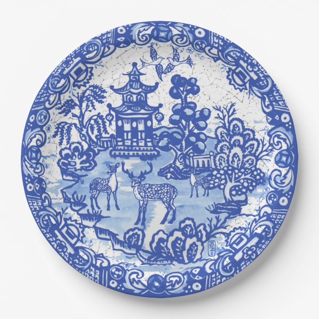Plato De Papel Blue Willow Deer Asia Temple Garden Cracking Look (Anverso)