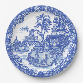 Plato De Papel Blue Willow Rabbit Classic Whimsical Asian