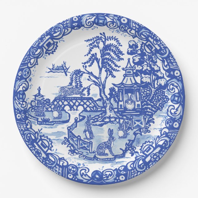 Plato De Papel Blue Willow Rabbit Classic Whimsical Asian (Anverso)