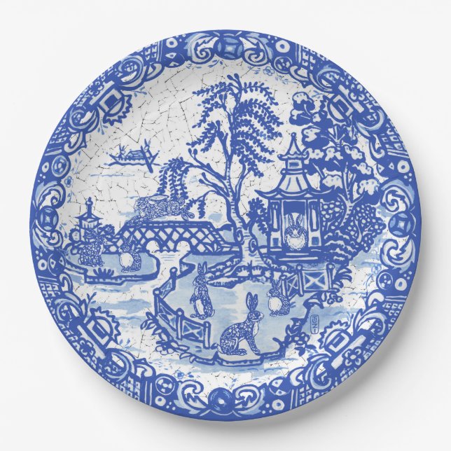 Plato De Papel Blue Willow Rabbit Classic Whimsical Crackack Look (Anverso)