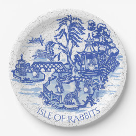 Plato De Papel Blue Willow Rabbit Island Whimsical Classic Art