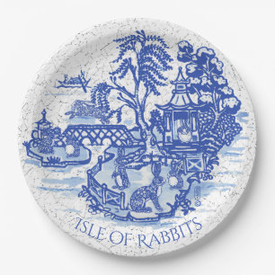 Plato De Papel Blue Willow Rabbit Island Whimsical Classic Art