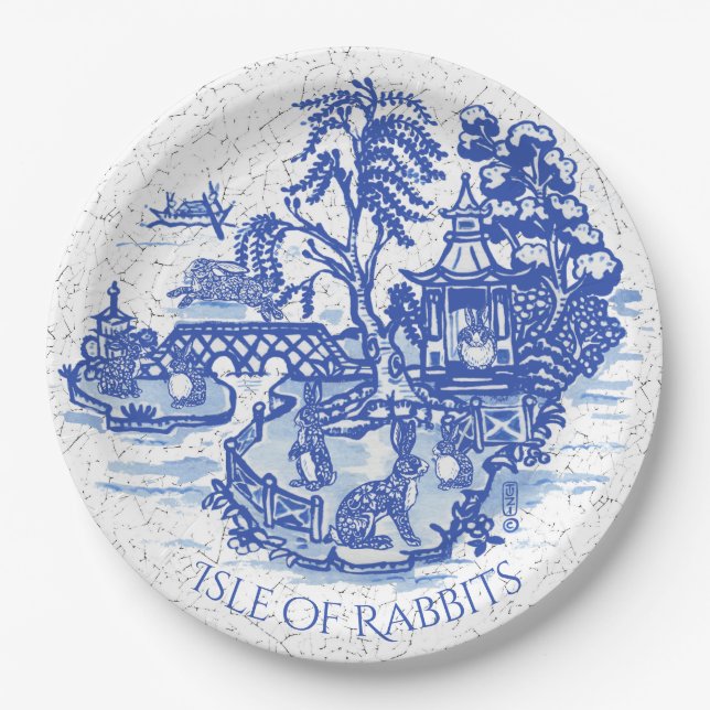 Plato De Papel Blue Willow Rabbit Island Whimsical Classic Art (Anverso)