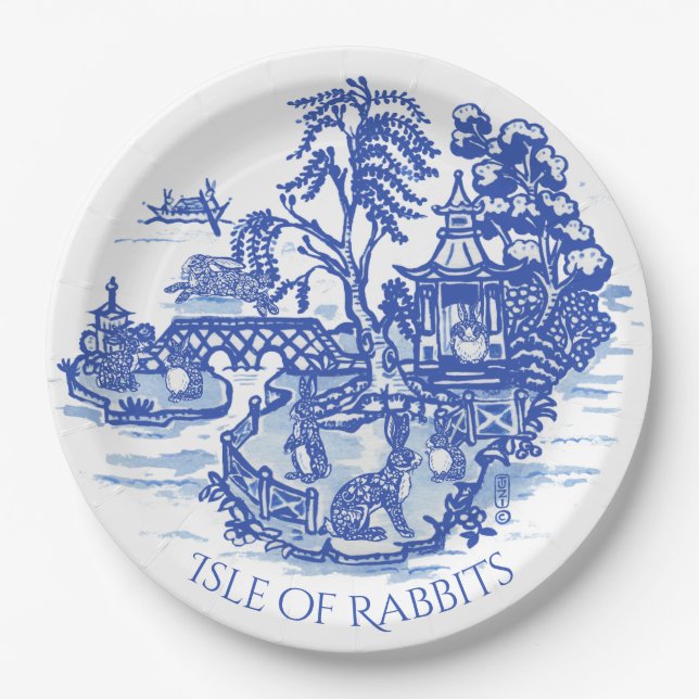 Plato De Papel Blue Willow Rabbit Island Whimy Pottery Look (Anverso)