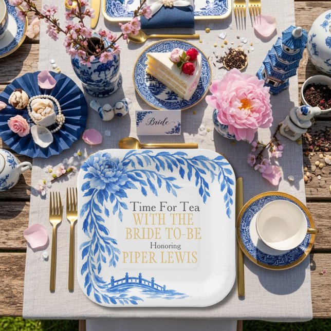 Plato De Papel Blue willow Rose bridge Tea Time (Blue willow Rose bridge Tea Time Paper Plates)
