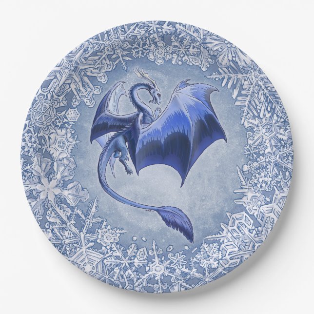 Plato De Papel Blue Winter Dragon Fantasy Nature Art (Anverso)