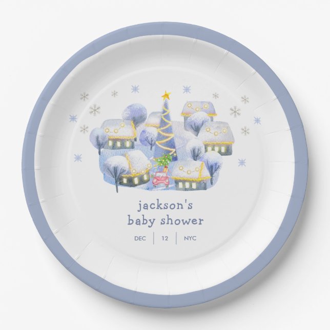 Plato De Papel Blue Winter Snow It Take A Village Baby Shower  (Anverso)
